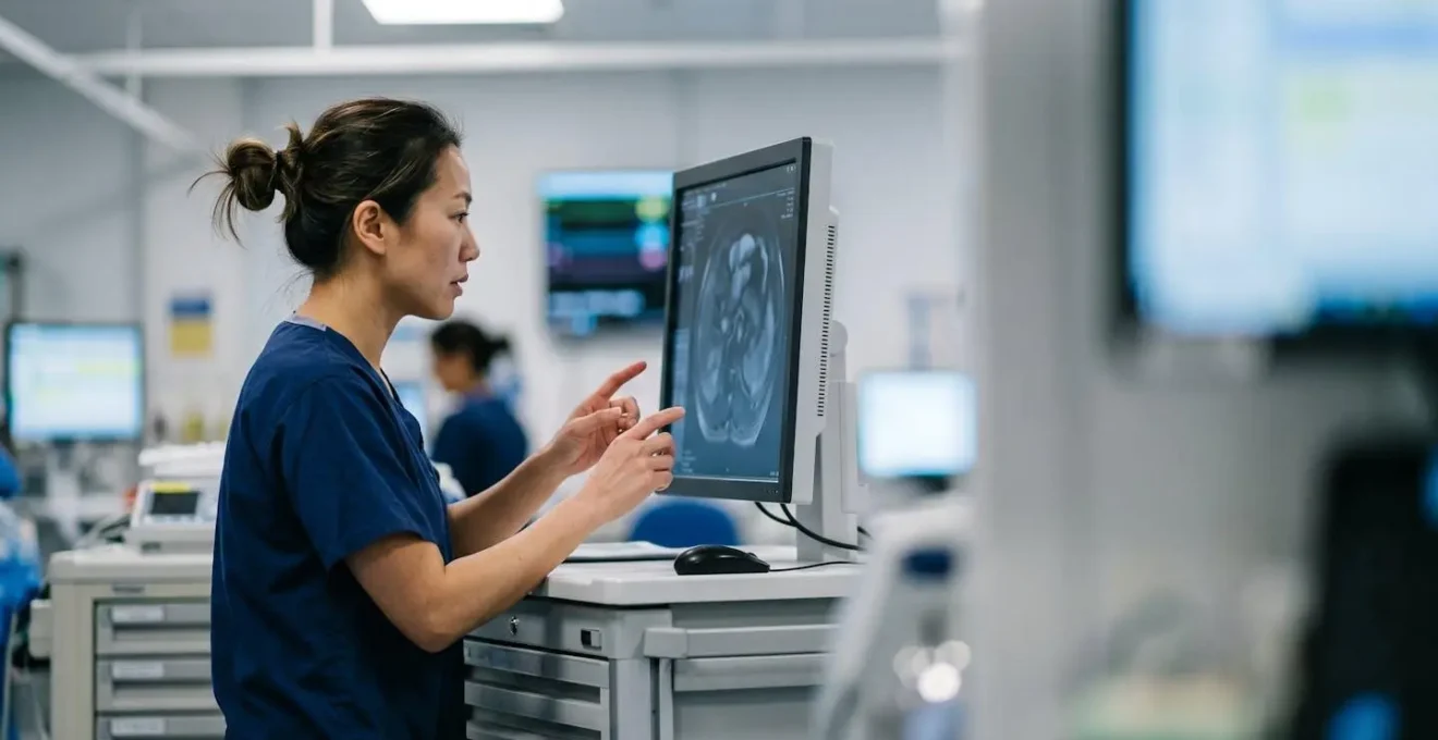 Healthcare professional reviewing medical data with advanced technology support in modern clinical environment