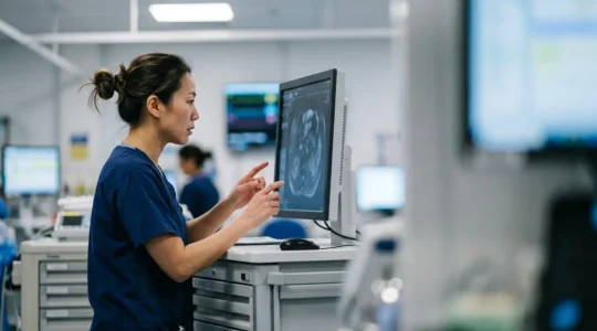 Healthcare professional reviewing medical data with advanced technology support in modern clinical environment