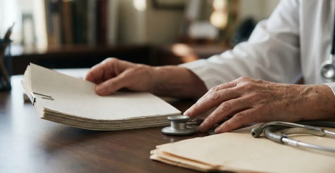 A physician's hands contemplating prescription choices in modern clinical setting