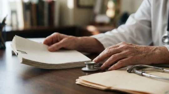 A physician's hands contemplating prescription choices in modern clinical setting
