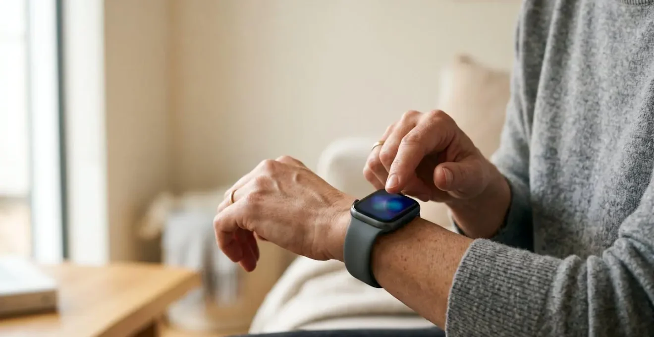Person checking smartwatch with concerned expression, natural lighting emphasizing emotional tension