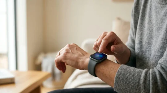 Person checking smartwatch with concerned expression, natural lighting emphasizing emotional tension