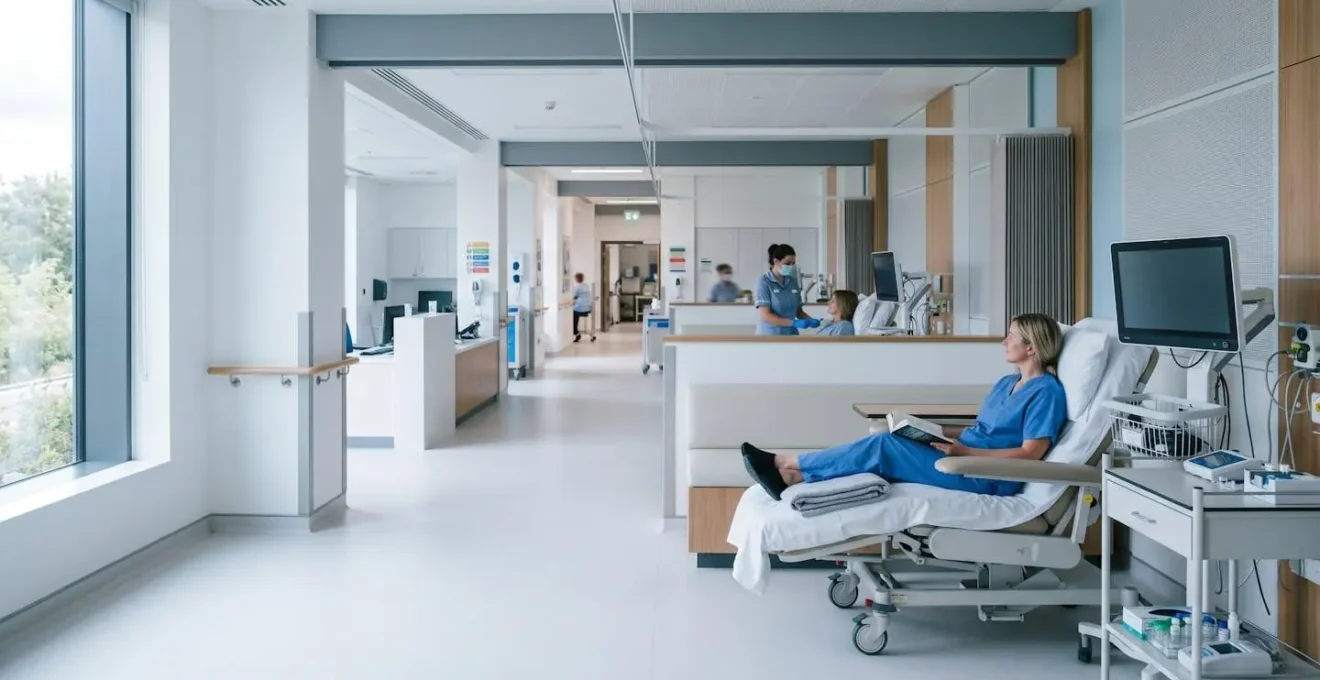 Medical professional reviewing clinical trial documentation in a modern research facility with controlled lighting