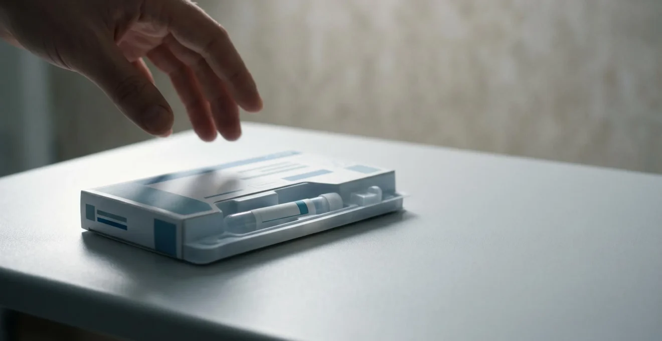 Life-saving medical screening kit surrounded by subtle visual metaphors of hesitation and opportunity in clean editorial composition