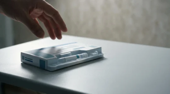 Life-saving medical screening kit surrounded by subtle visual metaphors of hesitation and opportunity in clean editorial composition
