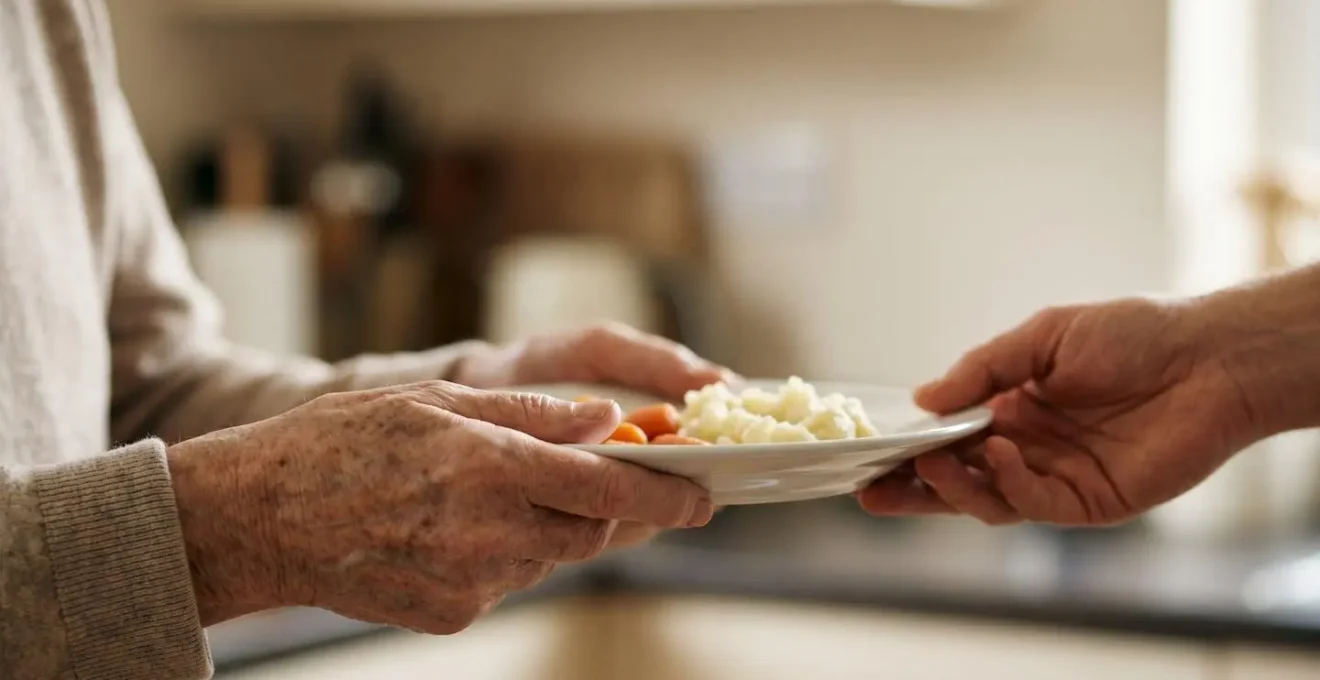 Close-up of elderly hands holding a plate with minimal food, symbolizing inadequate nutrition and weight loss in seniors