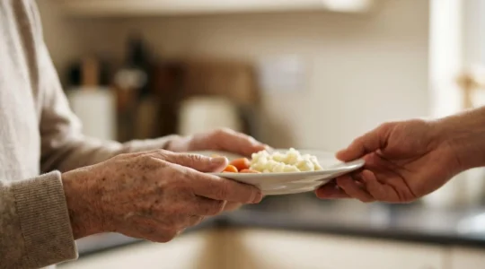 Close-up of elderly hands holding a plate with minimal food, symbolizing inadequate nutrition and weight loss in seniors