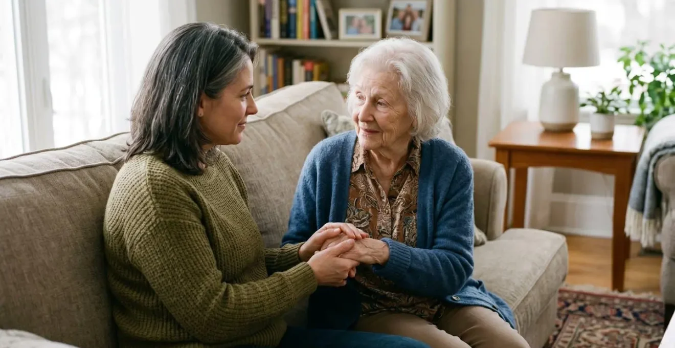 Adult child and elderly parent in thoughtful conversation about memory concerns