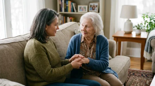 Adult child and elderly parent in thoughtful conversation about memory concerns