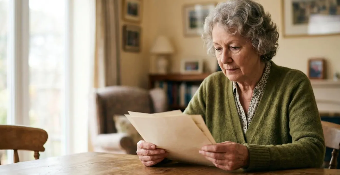 Senior person carefully examining care home documentation with focused attention in natural daylight