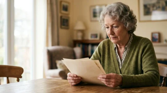 Senior person carefully examining care home documentation with focused attention in natural daylight