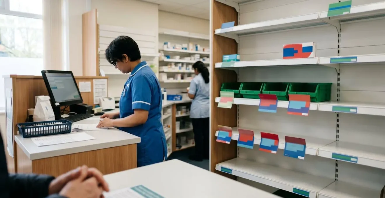 Empty pharmacy dispensary shelves showing medication shortage with out-of-stock prescription labels