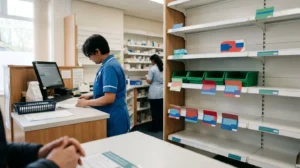 Empty pharmacy dispensary shelves showing medication shortage with out-of-stock prescription labels