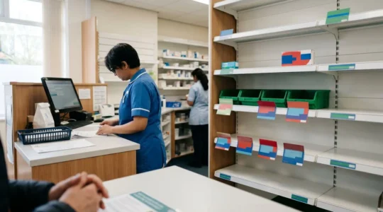 Empty pharmacy dispensary shelves showing medication shortage with out-of-stock prescription labels