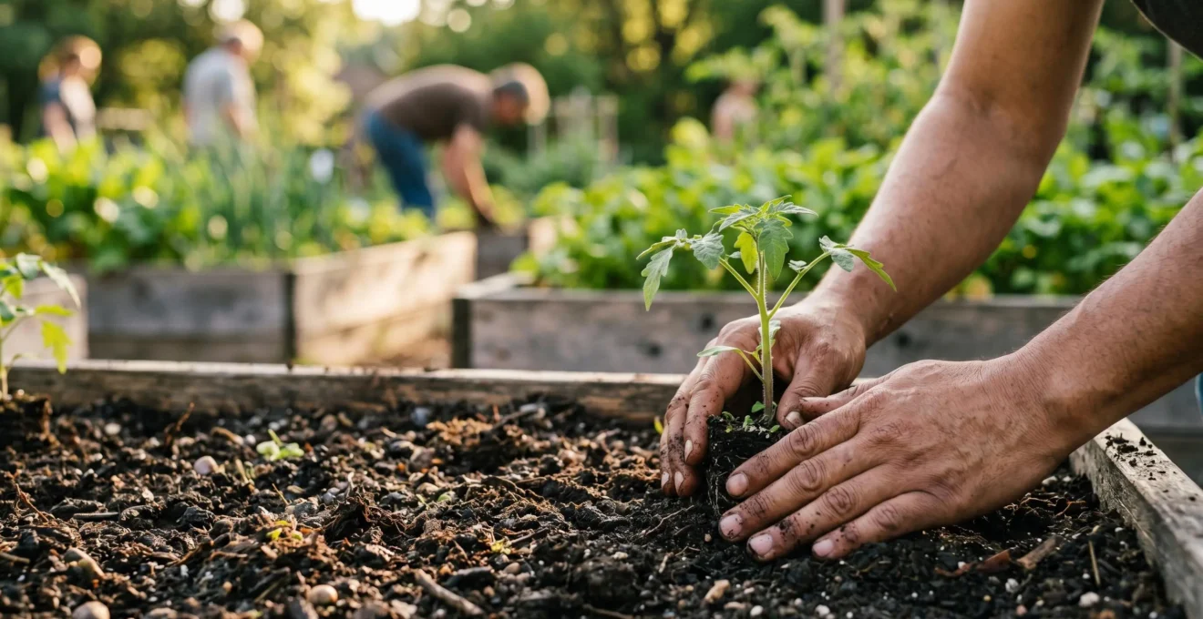 Hands gently planting seedling in rich soil within a community garden setting, symbolizing natural mental health treatment