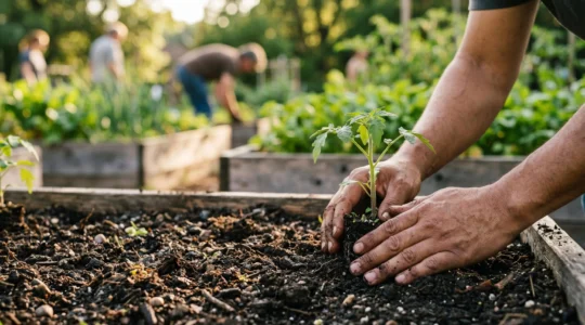 Hands gently planting seedling in rich soil within a community garden setting, symbolizing natural mental health treatment