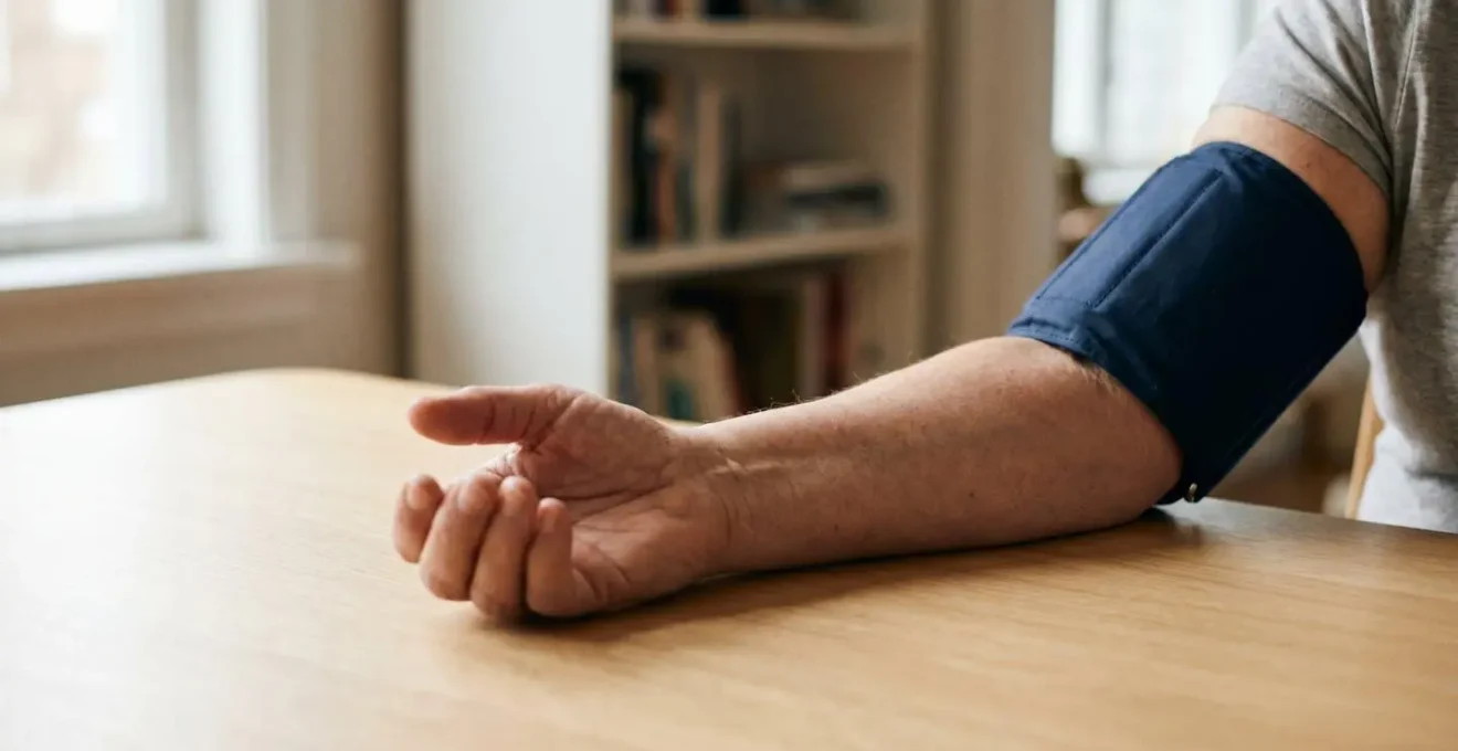 Person checking blood pressure at home with an arm cuff monitor in a calm domestic setting