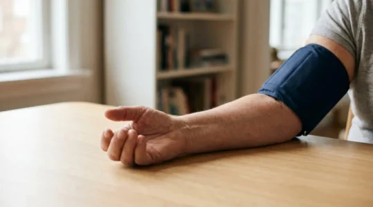 Person checking blood pressure at home with an arm cuff monitor in a calm domestic setting