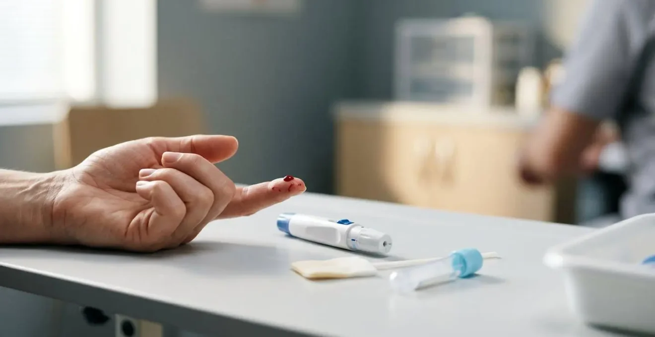 Close-up comparison of finger-prick blood sample collection showing proper technique with controlled laboratory setting in soft natural light