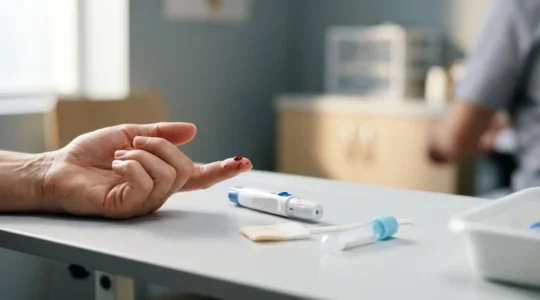 Close-up comparison of finger-prick blood sample collection showing proper technique with controlled laboratory setting in soft natural light