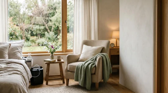 A peaceful room with soft natural light showing a comforting environment that represents dignity and choice in end-of-life care