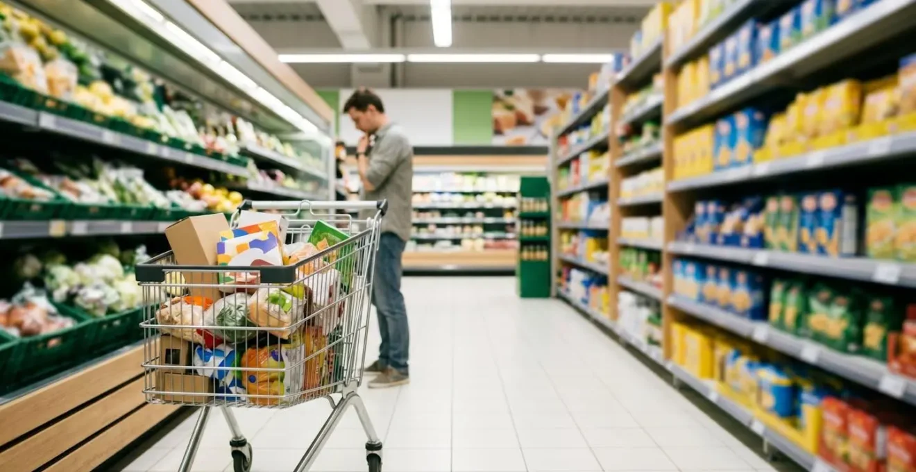 Close-up view of a shopping cart filled with packaged foods in a bright modern supermarket aisle with shelves of colorful products in soft background blur