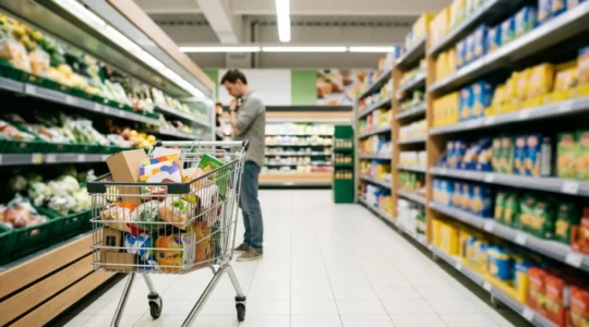 Close-up view of a shopping cart filled with packaged foods in a bright modern supermarket aisle with shelves of colorful products in soft background blur
