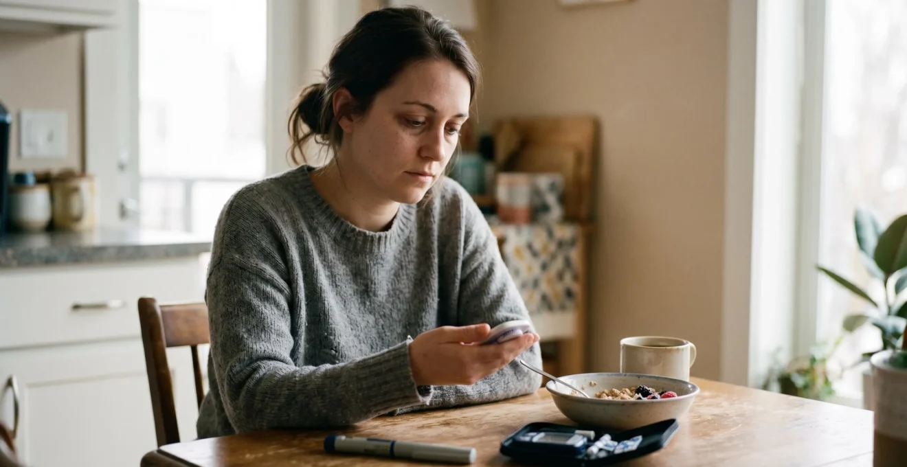 Person with continuous glucose monitor living daily life while managing Type 1 diabetes