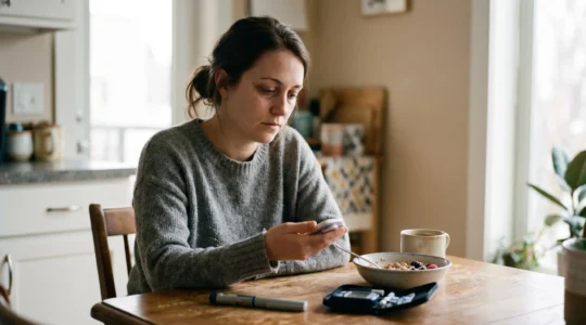 Person with continuous glucose monitor living daily life while managing Type 1 diabetes