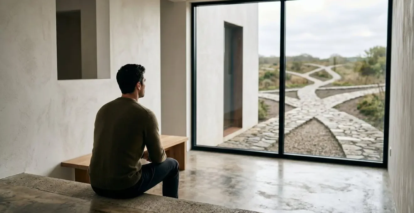 Person sitting in contemplative pose viewing symbolic pathway splitting into multiple directions representing healthcare choice