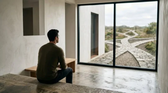 Person sitting in contemplative pose viewing symbolic pathway splitting into multiple directions representing healthcare choice