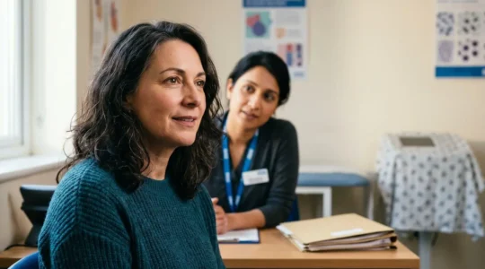 Professional healthcare consultation scene with emphasis on patient-doctor partnership and medical decision-making collaboration