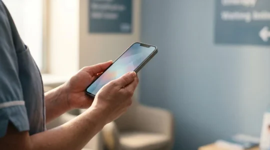 Person holding smartphone viewing digital health records in a secure healthcare environment