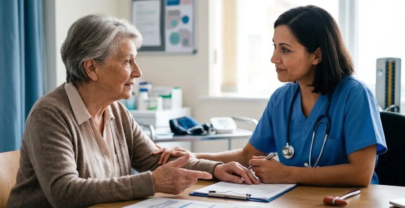 Professional medical consultation scene showing patient-centered genomic cancer risk assessment in NHS setting