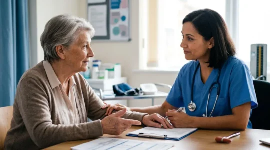 Professional medical consultation scene showing patient-centered genomic cancer risk assessment in NHS setting