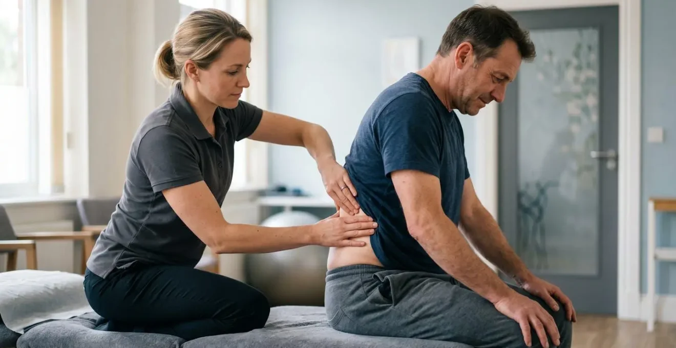 British physiotherapy clinic consultation showing professional assessment and treatment decision for back pain management