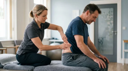 British physiotherapy clinic consultation showing professional assessment and treatment decision for back pain management