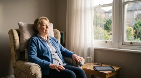 A patient at home using remote monitoring medical devices connected to NHS virtual ward services