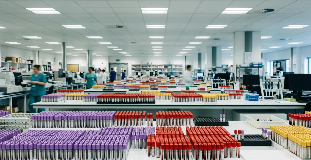 NHS pathology laboratory with thousands of blood sample tubes awaiting processing in a high-volume testing facility