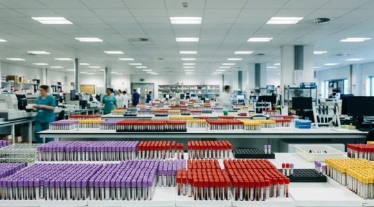 NHS pathology laboratory with thousands of blood sample tubes awaiting processing in a high-volume testing facility