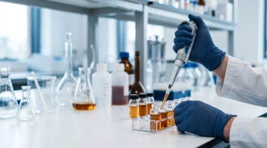 Close-up of scientist hands working with vaccine research equipment in modern laboratory setting