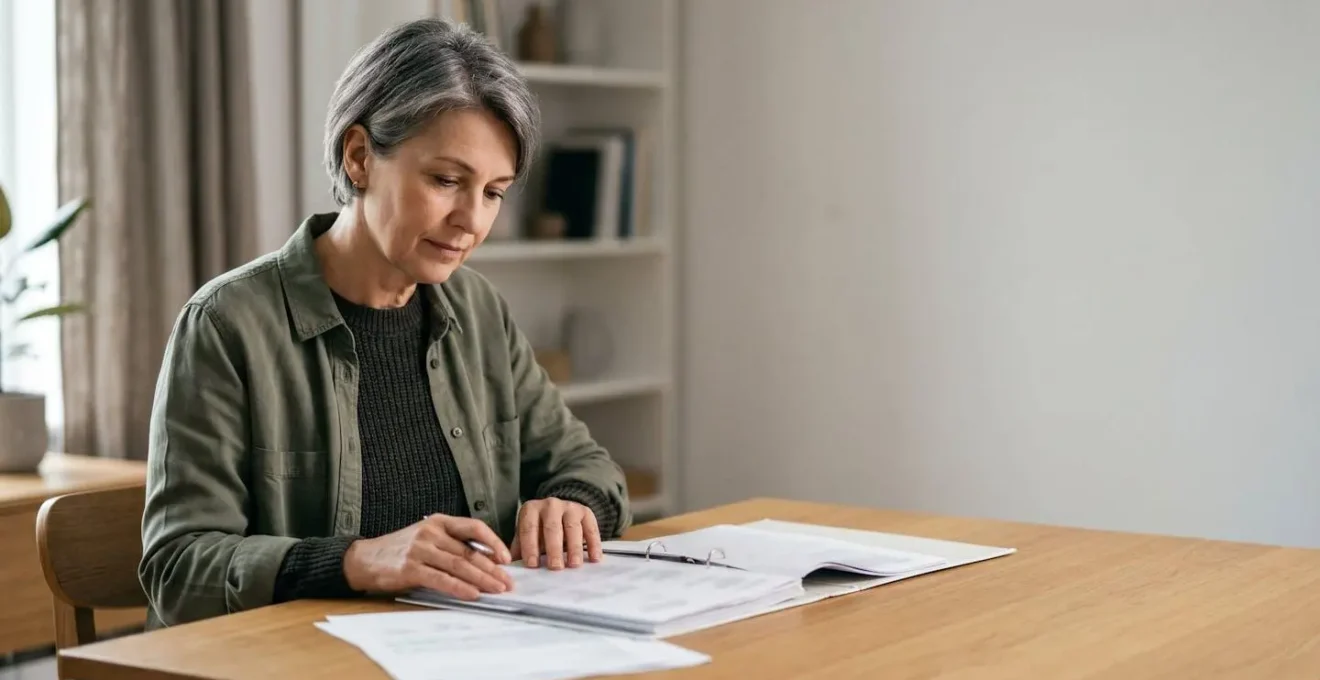Person reviewing medical documents and funding forms in contemplative moment with natural lighting