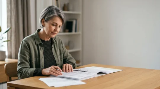 Person reviewing medical documents and funding forms in contemplative moment with natural lighting
