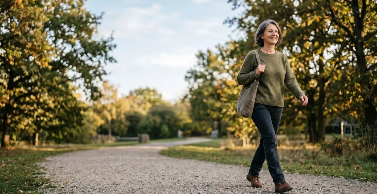 Person taking a peaceful walk outdoors shortly after a meal, representing healthy diabetes management through simple movement