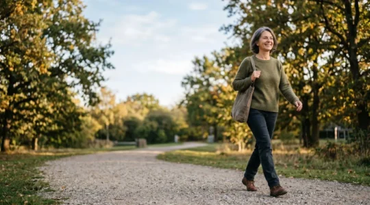 Person taking a peaceful walk outdoors shortly after a meal, representing healthy diabetes management through simple movement