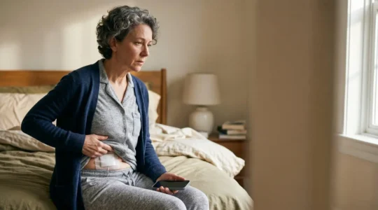 Patient recovering at home after surgery with subtle signs of concern