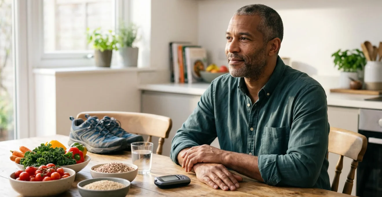 Person measuring blood glucose levels with healthy food and walking shoes nearby, symbolizing natural diabetes prevention