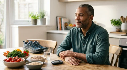 Person measuring blood glucose levels with healthy food and walking shoes nearby, symbolizing natural diabetes prevention