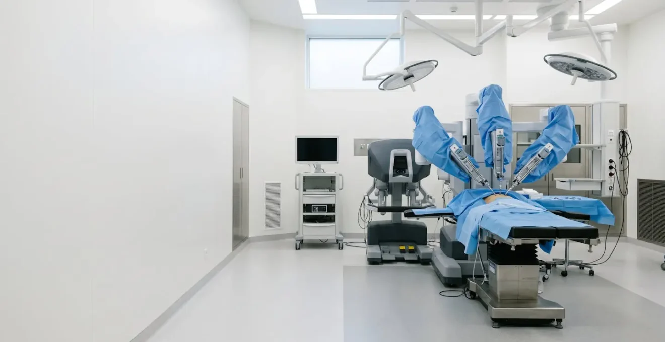 Medical robotic surgical environment showing precision technology in a modern operating theater