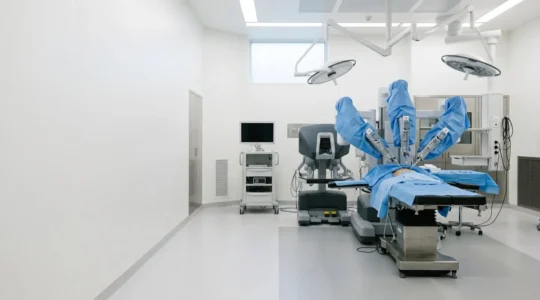 Medical robotic surgical environment showing precision technology in a modern operating theater